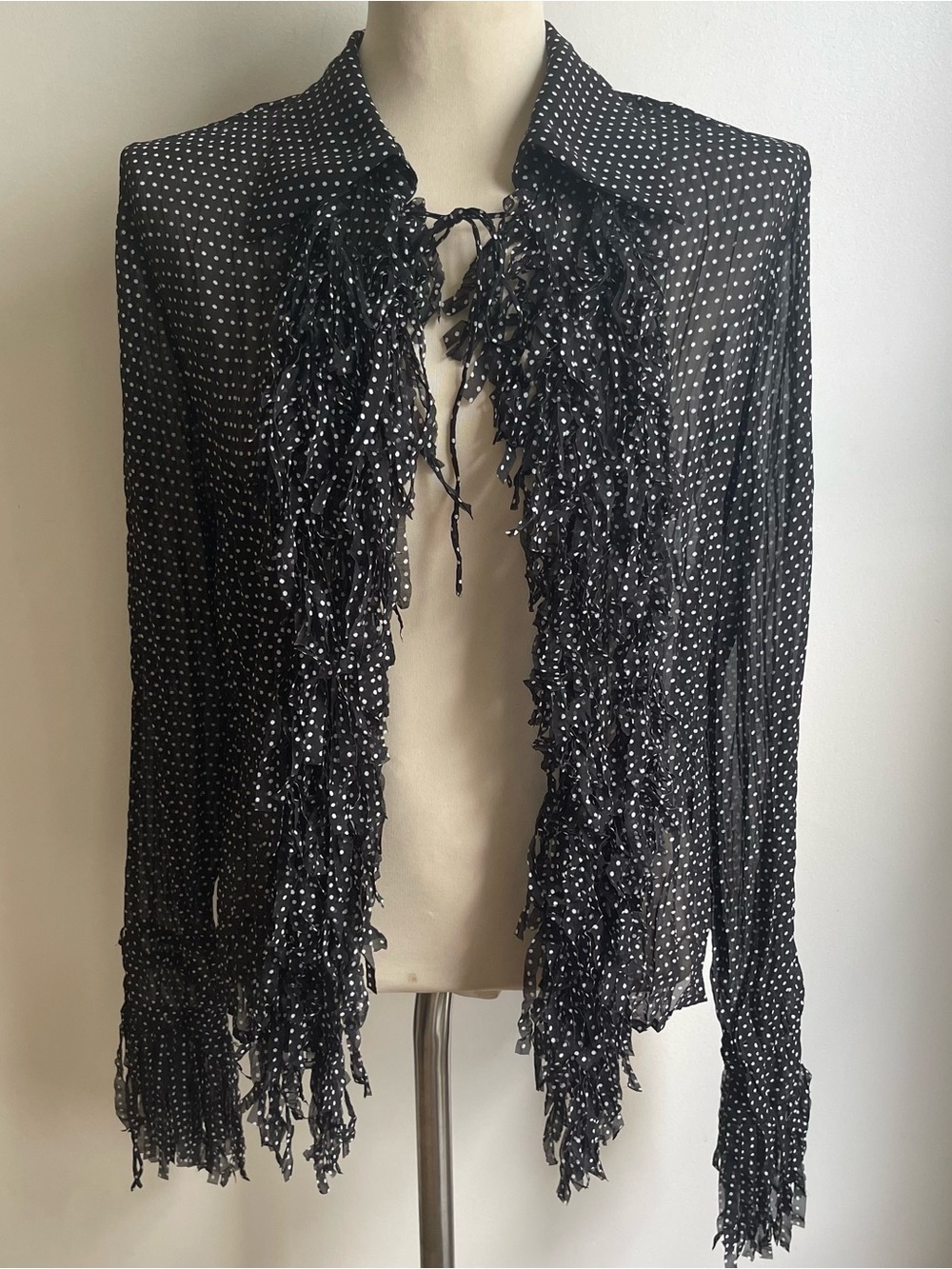 Vintage 90s Andrea Rosati Polka Dot Sheer Top Whimsigoth Black White Open Large